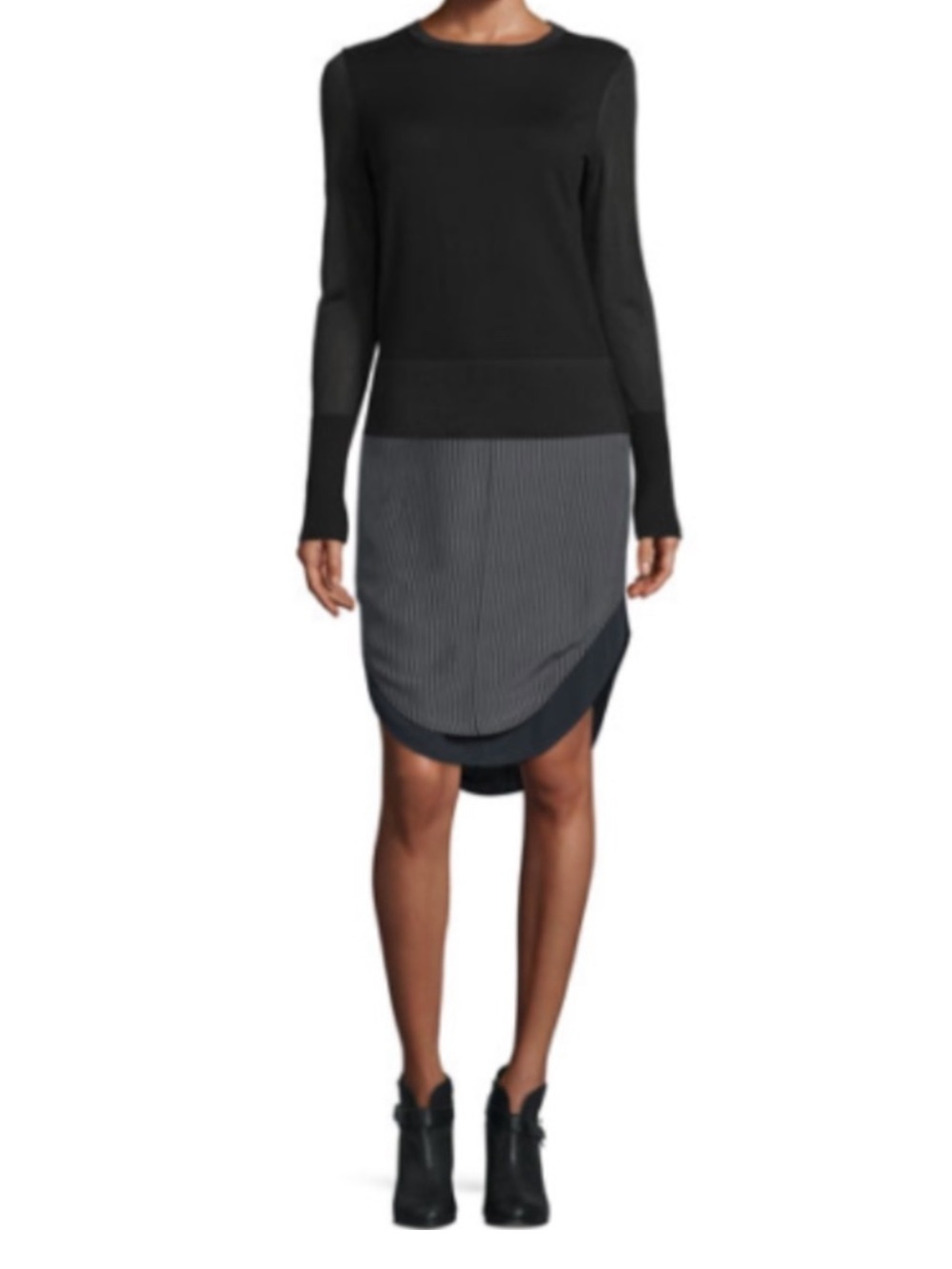 rag & bone Black and White Pinstripe Asymmetric Hem Midi Skirt
